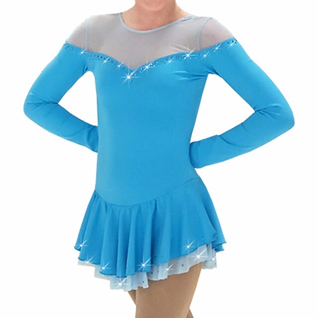 Figure Skating Dress Women's Girls' Ice Skating Dress Outfits Fuchsia Blue Patchwork Spandex High Elasticity Training Competition Skating Wear Handmade Patchwork Crystal / Rhinestone Long Sleeve Ice3