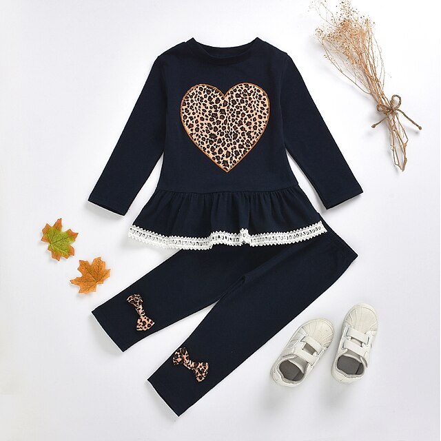  Kids Toddler Girls' New Year Clothing Set 2 Pieces Long Sleeve Navy Blue Leopard Bow Print Cotton Basic Chinoiserie Regular / Fall / Spring