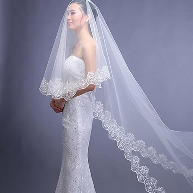  1 strato Classico / Di pizzo Veli da sposa Velo lungo (a terra) con Tinta unita / A fantasia POLY / Di pizzo
