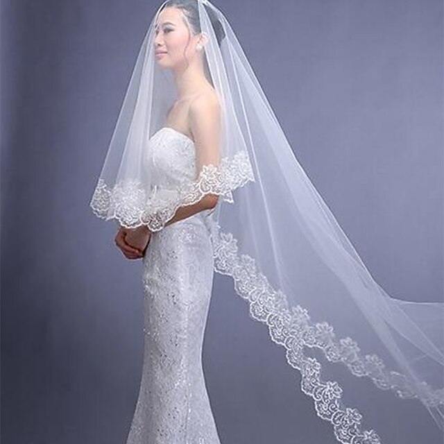 One-tier Classic Style / Lace Wedding Veil Chapel Veils with Solid / Pattern POLY / Lace4