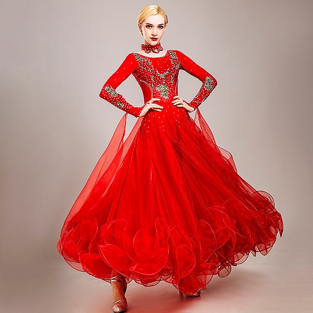 Women's Dancewear Ballroom Dance Dress Rhinestone Women's Performance  Long Sleeve