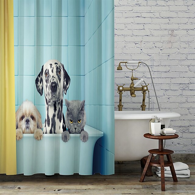 Home & Garden Bath Accessories | Cartoon Cute Dog Pattern Shower Curtain with Hooks Polyester Braided Waterproof Bathtub Curtain