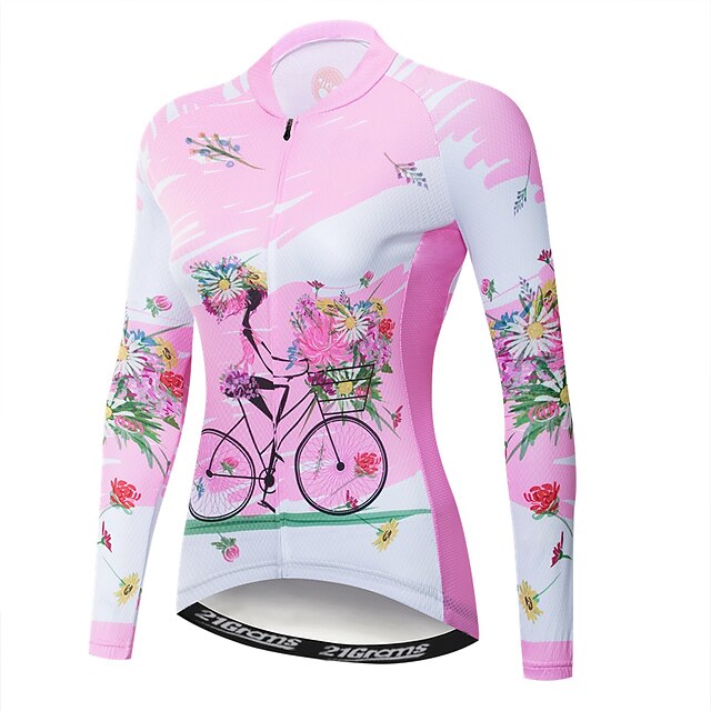  21Grams® Women's Cycling Jersey Long Sleeve Mountain Bike MTB Road Bike Cycling Winter Graphic Floral Botanical Design Jersey Shirt Rosy Pink Lycra UV Resistant Breathable Quick Dry Sports Clothing