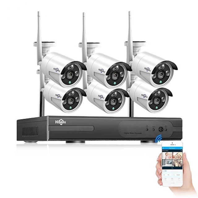  Hiseeu 8ch drahtlose CCTV-Kamera-System 6pcs 3mp WiFi-IP-Kamera im Freien wasserdicht zu Hause Sicherheit Videoüberwachungssystem nvr Kit App Fernbetrachtung Tag Nacht Smart Ir-Cut