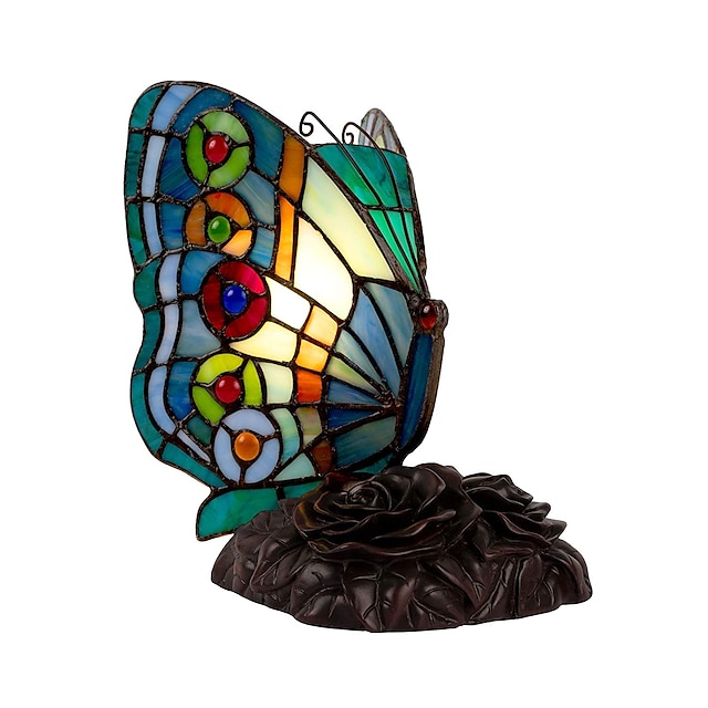  Tiffany Style Butterfly Stained Glass Accent Table Lamp Night Light Handmade Lampshade for Bedside Bedroom Living Room