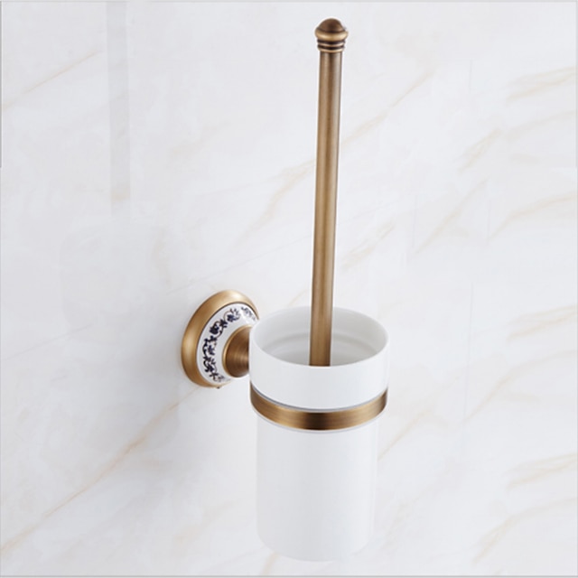  toalettborste med hållare, antik mässing keramik väggmonterad gummimålad toalettskål borste och hållare för badrum