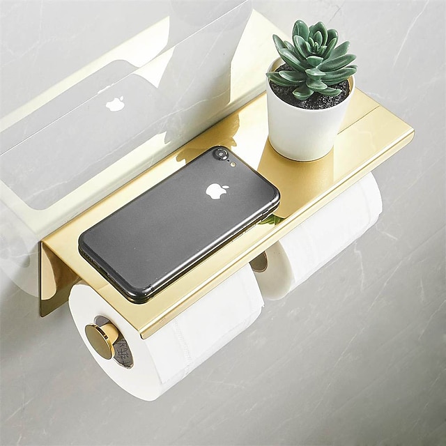  Toilet Paper Holder Multifunction Stainless Steel Bathroom Shelf Double Rods Wall Mounted 1pc