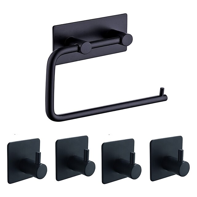  il set di accessori per il bagno in acciaio inossidabile include portarotolo multifunzione e ganci per accappatoio 4 pezzi nero opaco senza punzonatura e argento spazzolato con adesivo a forte