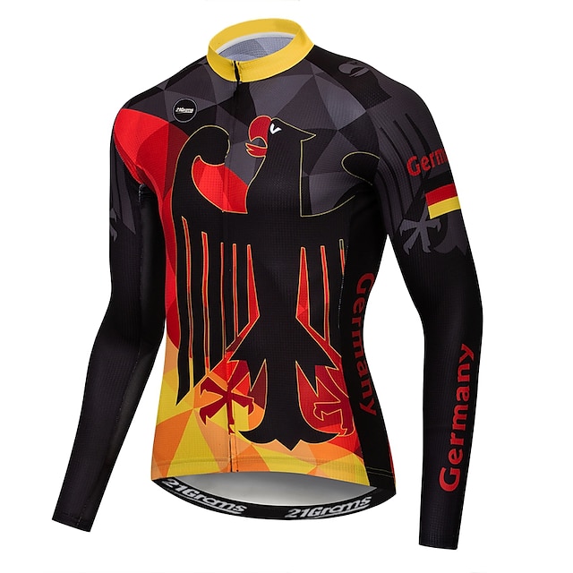  21Grams® Men's Cycling Jersey Long Sleeve Mountain Bike MTB Road Bike Cycling Winter Graphic Germany Russia Jersey Shirt Black Red Lycra UV Resistant Breathable Quick Dry Sports Clothing Apparel