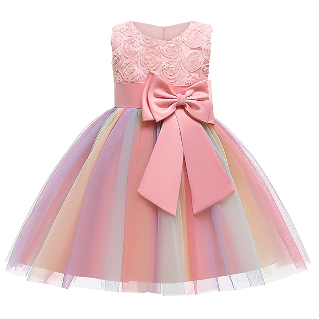  Kids Little Girls' Dress Rainbow Floral Patchwork Tulle Dress Party Wedding Pleated Bow Purple Pink Yellow Satin Knee-length Sleeveless Sweet Dresses Regular Fit