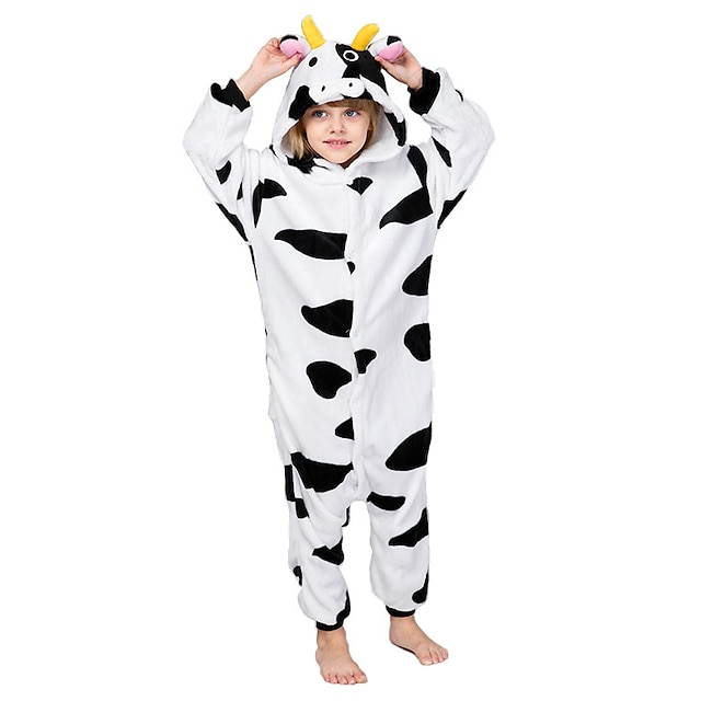  Pentru copii Pijama Kigurumi Lapte de Vacă Animal Pijama Întreagă Flanel Lână Negru / Alb Cosplay Pentru Baieti si fete Sleepwear Pentru Animale Desen animat Festival / Sărbătoare Costume