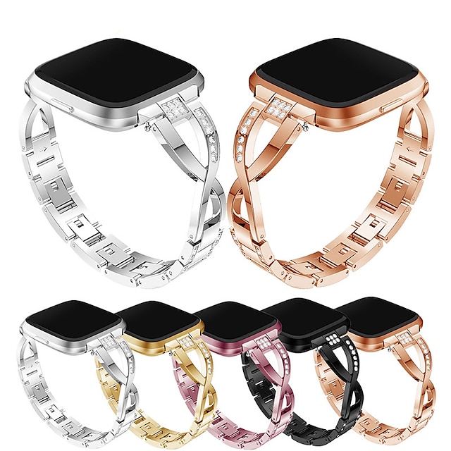  1 pcs Smart Watch-band för Fitbit Versa 2 / Versa / Versa Lite Rostfritt stål Smart klocka Rem Bling Diamond Smyckesarmband Ersättning Armband