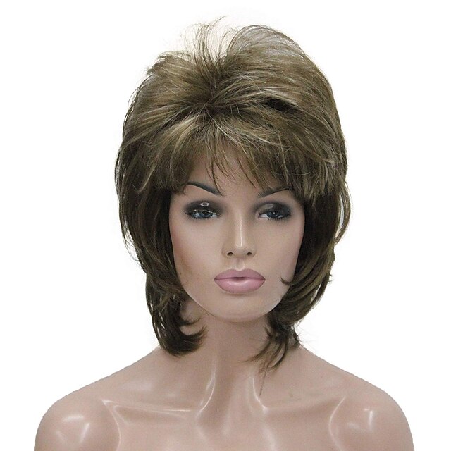  Synthetic Wig Wavy Wavy Layered Haircut With Bangs Wig Medium Length Ash Brown Synthetic Hair Women's Brown