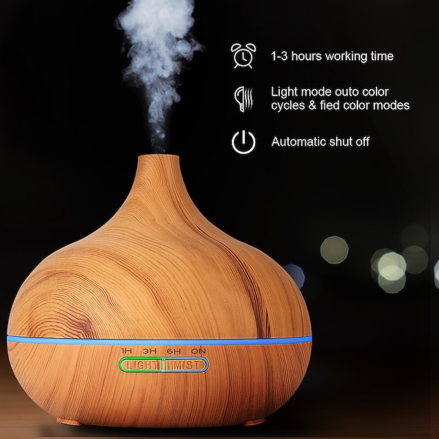  550ml Aromatherapy Essential Oil Diffuser Wood Grain Remote Control Ultrasonic Air Humidifier Cool Mister with 7 Color LED Light