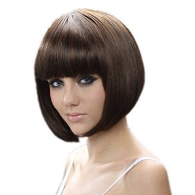  Synthetic Wig Straight Bob Neat Bang Machine Made Wig Short Brown Synthetic Hair 13 inch Women's Best Quality Brown / Daily Wear