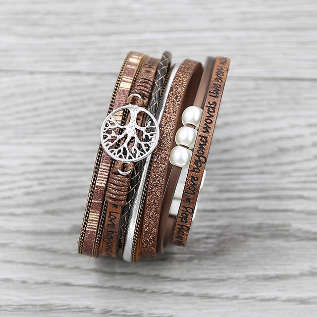  Women's Charm Bracelet Bracelet Bangles Wrap Bracelet Layered Tree of Life Precious life Tree Stylish Unique Design Ethnic European Boho Leatherette Bracelet Jewelry Black / Gray / Brown For Street