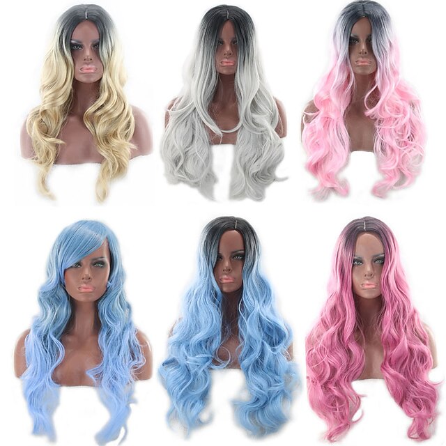  Synthetic Wig Body Wave Asymmetrical Machine Made Wig Pink Blonde Long Grey Pink Blonde Black / Blue Black / Pink Synthetic Hair 27 inch Women's Color Gradient Best Quality Pink Blonde / Daily Wear