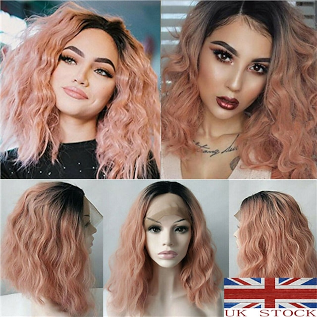  Synthetic Wig Curly kinky Straight Asymmetrical Machine Made Wig Pink Ombre Medium Length Ombre Pink Synthetic Hair 16 inch Women's Best Quality Pink Ombre / Daily Wear