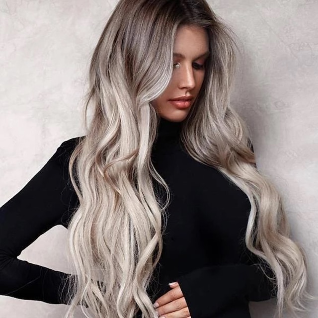  Synthetic Wig Body Wave Asymmetrical Machine Made Wig Long Grey Synthetic Hair 25 inch Women's Color Gradient Best Quality curling Gray / Daily Wear