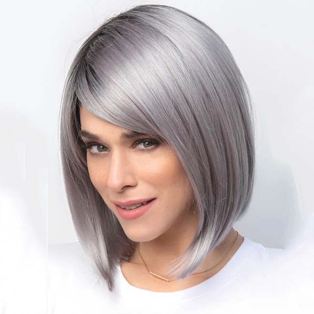  Synthetic Wig Straight kinky Straight Bob Machine Made Wig Short Grey Brown Synthetic Hair 11 inch Women's Brown Gray / Daily Wear
