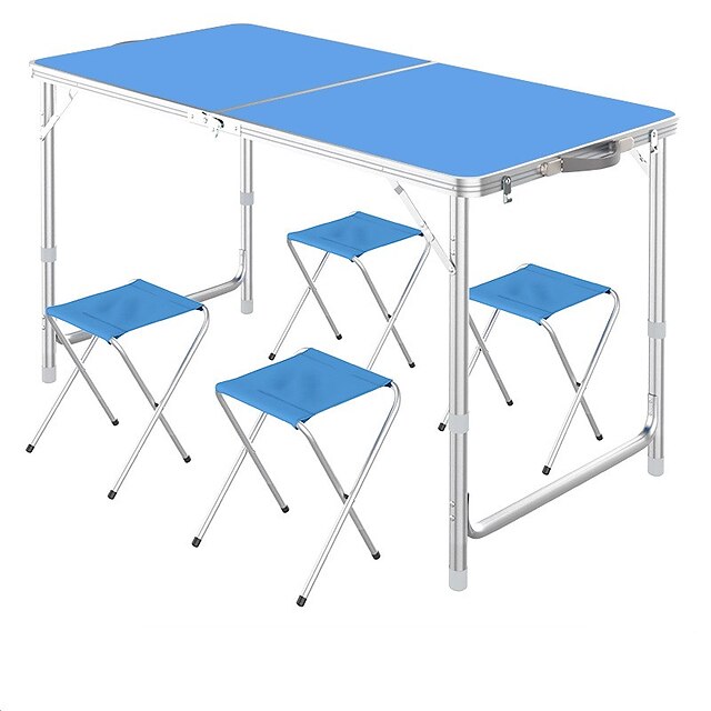  Camping Folding Table med avføring Bærbar Sammenleggbar Folding Aluminiumslegering 4 avføring 1 tabell til 3-4 personer Camping Høst Vår Mørkeblå