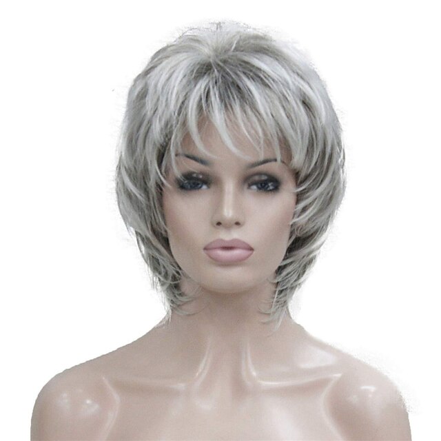 Synthetic Wig Wavy Pixie Cut Layered Haircut With Bangs Wig Gray Short ...