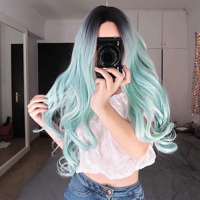  Synthetic Wig Curly Wavy Middle Part Wig Ombre Long Grey Ombre Pink Ombre Brown Ombre Green Ombre Red Synthetic Hair 24 inch Women‘s Fashionable Design Women Synthetic Dark