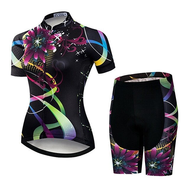  21Grams® Women's Short Sleeve Cycling Jersey with Shorts Summer Spandex Polyester Black / Red Floral Botanical Bike Clothing Suit Breathable Ultraviolet Resistant Quick Dry Back Pocket Sweat wicking