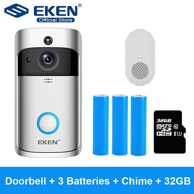  EKEN V5 Smart WiFi Video Doorbell With 3*18650 Battery And 1*Chime And 32GB TF card