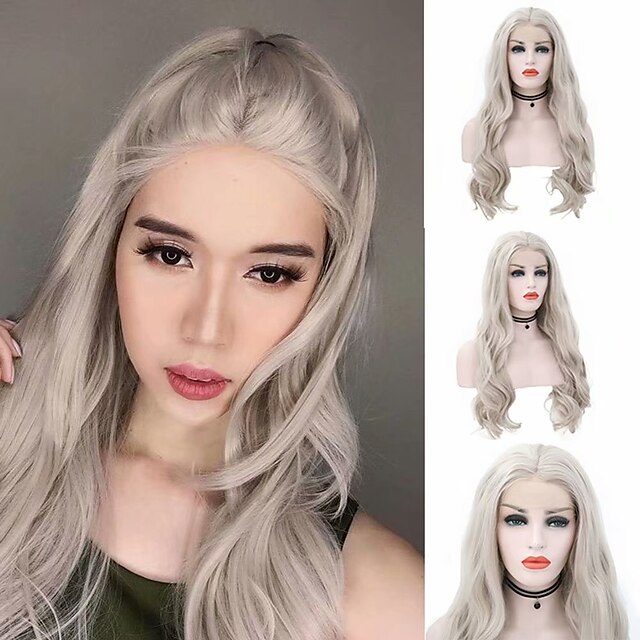  Synthetic Lace Front Wig Body Wave Middle Part Lace Front Wig Long Grey Synthetic Hair 18-26 inch Women's Heat Resistant Synthetic Easy dressing Gray / Natural Hairline / Natural Hairline