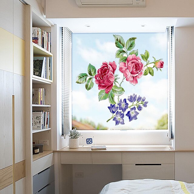  Window Film Flowers Frosted Opaque Privacy Stained Glass Sticker for Home Decor Window Stickers Chinese Rose 58*60cm