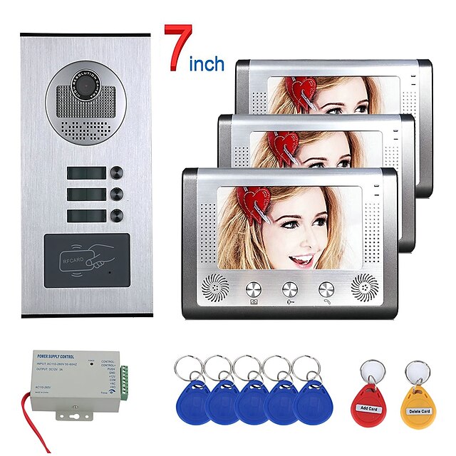  7 inch 3 Apartment/Family Video Door Phone Intercom System RFID IR-CUT HD 1000TVL Camera Doorbell Camera  Waterproof