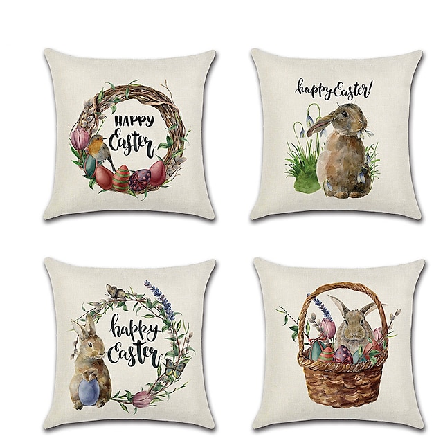  Happy Easter Set of 4 Pillow Cover Holiday Cartoon Happy Rabbit Traditional Easter Throw Pillow