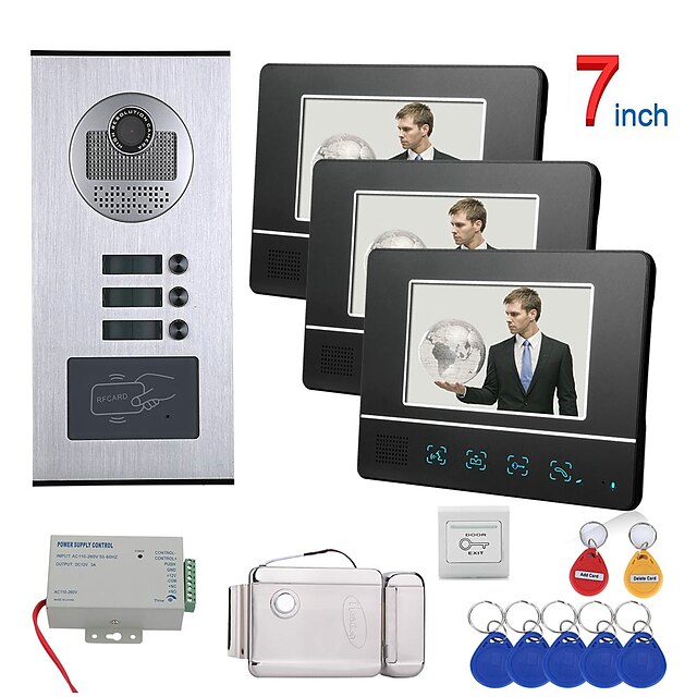  7 inch touch-knop 3 appartement / familie video deurtelefoon intercom systeem rfid 1000tvl deurbel camera elektrisch slot