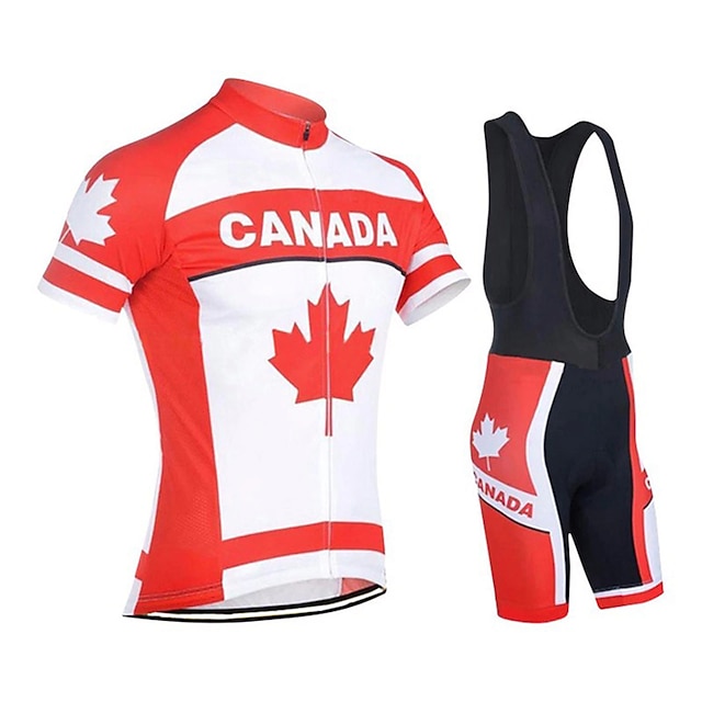  21Grams® Men's Short Sleeve Cycling Jersey with Bib Shorts Summer Spandex Polyester Red / White Canada Funny Bike Clothing Suit UV Resistant 3D Pad Breathable Quick Dry Reflective Strips Sports Canada