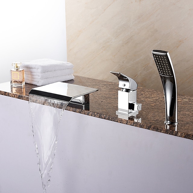  ברז לאמבטיה - עכשווי כרום אמבט רומאי שסתום קרמי Bath Shower Mixer Taps / פליז / חורים שלוש ידית אחת
