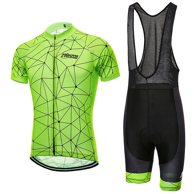 Malciklo Men's Cycling Jersey with Bib Shorts Short Sleeve Mountain Bike MTB Road Bike Cycling Black Green Geometic Bike Clothing Suit Breathable Ultraviolet Resistant Quick Dry Back Pocket Sports