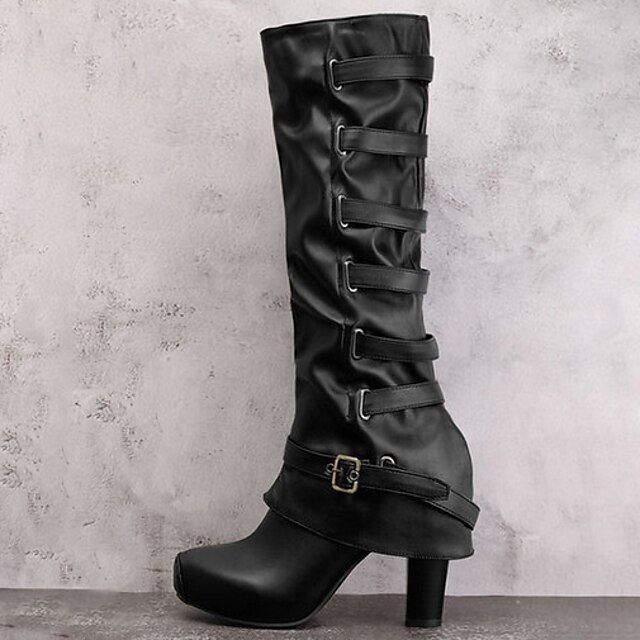  Women's Boots Daily Solid Colored Knee High Boots Chunky Heel Round Toe Classic Minimalism PU Buckle Black Army Green