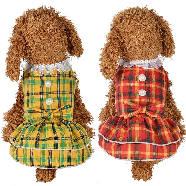  Dog Cat Dress Plaid / Check Bowknot Leisure Sweet Dog Clothes Puppy Clothes Dog Outfits Red Yellow Costume for Girl and Boy Dog Polyester Cotton XS S M L XL