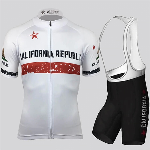  21Grams Men's Cycling Jersey with Bib Shorts Short Sleeve Mountain Bike MTB Road Bike Cycling Black White California Republic National Flag Bike Clothing Suit UV Resistant 3D Pad Breathable Quick Dry