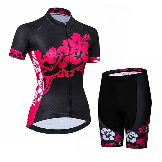  21Grams Women's Short Sleeve Cycling Jersey with Shorts Spandex Black / Red Floral Botanical Bike Breathable Quick Dry Sports Floral Botanical Mountain Bike MTB Road Bike Cycling Clothing Apparel