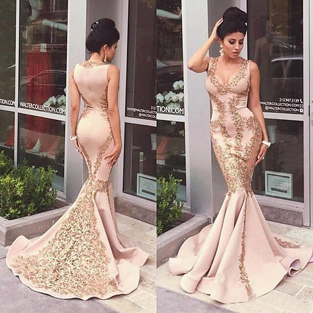  Mermaid / Trumpet Sexy Pink Engagement Formal Evening Dress V Neck Sleeveless Court Train Satin with Appliques 2020