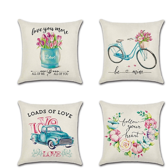  Set of 4 Faux Linen Pillow Cover  Lovers Wedding Flower Valentine‘s Day Throw Pillow 45*45 cm