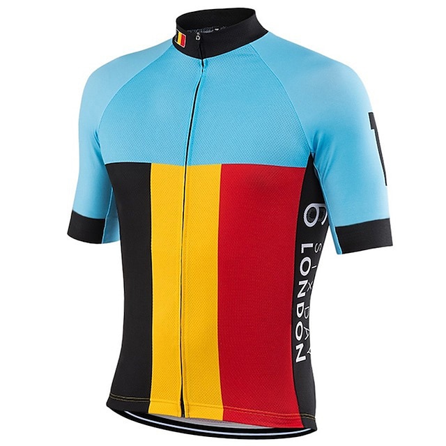  21Grams® Men's Short Sleeve Cycling Jersey Summer Spandex Polyester Blue+Yellow Belgium National Flag Bike Jersey Top Mountain Bike MTB Road Bike Cycling UV Resistant Breathable Quick Dry Sports