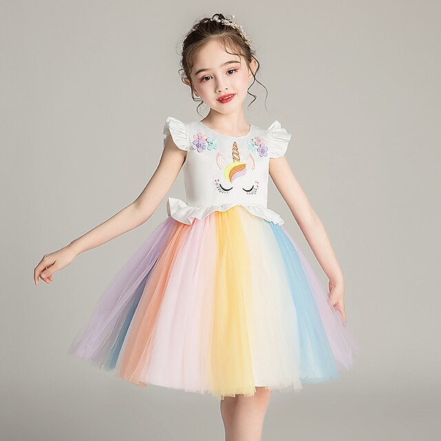  Unicorn Dress Girls' Movie Cosplay Cosplay Costume Party Vacation Dress White Pink Dress Sequin Polyster