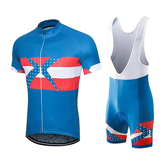  21Grams® Men's Short Sleeve Cycling Jersey with Bib Shorts Summer Spandex Polyester Blue+White Solid Color Austria National Flag Bike Clothing Suit UV Resistant 3D Pad Breathable Quick Dry Back Pocket
