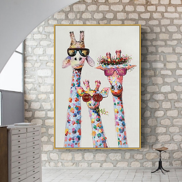  Nursery Oil Painting Handmade Hand Painted Wall Art Colorful Cartoon Giraffe Animal Home Decoration Décor Stretched Frame Ready to Hang