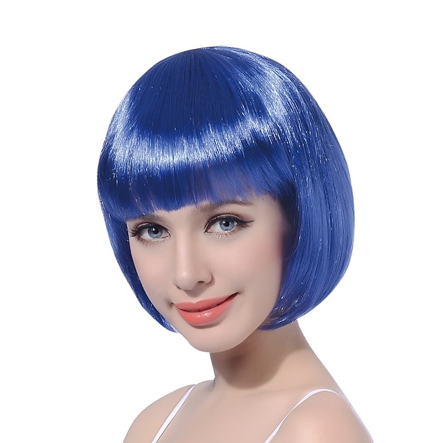  Synthetic Wig Straight Straight Bob Wig Blue Synthetic Hair Women's Blue
