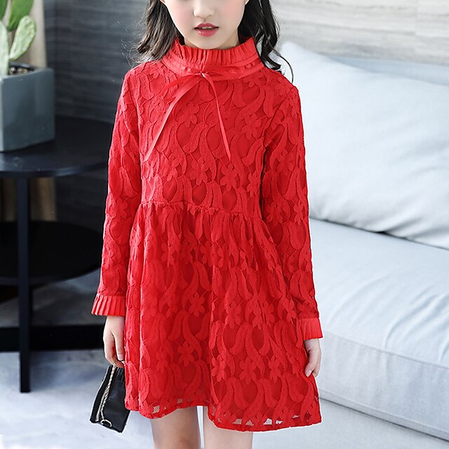 Girls' Long Sleeve Solid Colored 3D Printed Graphic Dresses Cute Above Knee Polyester Dress Red Kids Loose Fit Lace