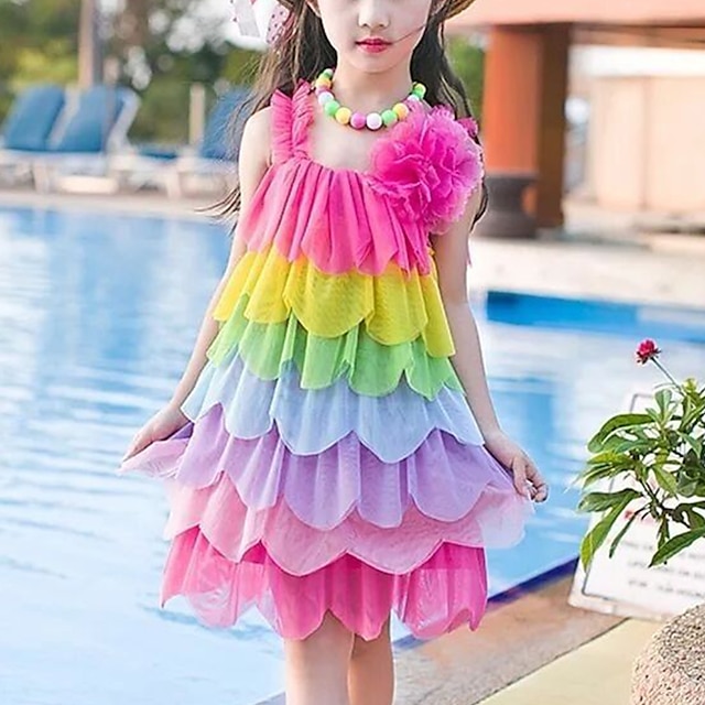  Kids Girls' Dress Color Block Rainbow Sleeveless Ruched Backless Layered Cute Acrylic Above Knee Fuchsia